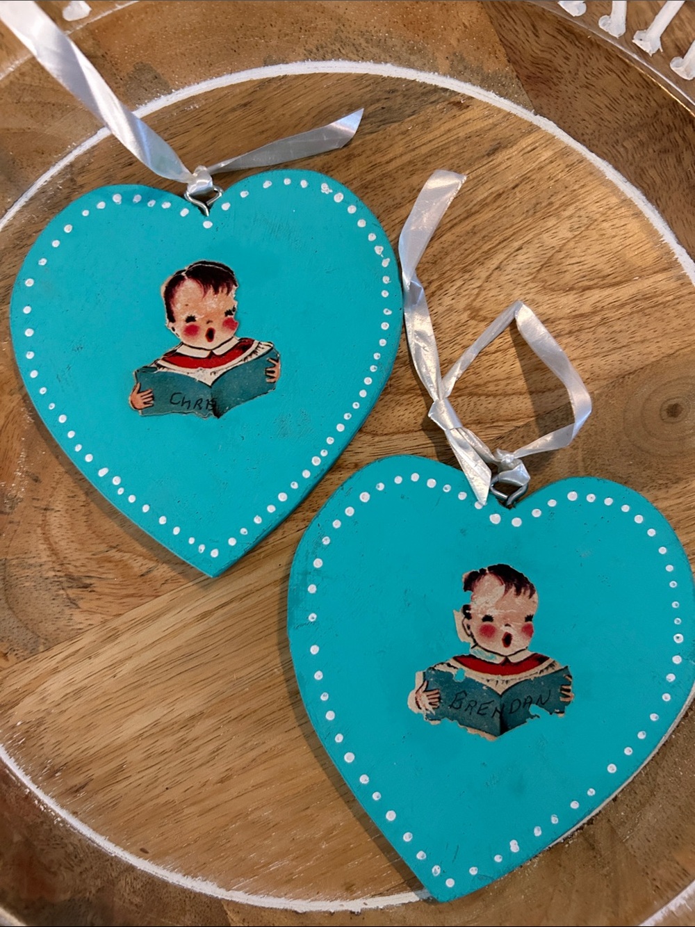 Vintage choir boy Christmas tree ornaments handmade “Chris” and “Brendan” hearts